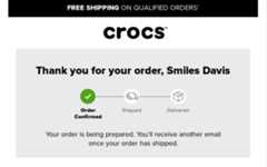Order confirmation page from Crocs featuring a tracker that shows order progress