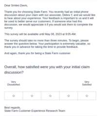 State Farm survey email