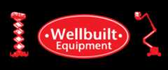 Logo of Wellbuilt Equipment with a red oval containing the company name in white, flanked by red line drawings of a scissor lift on the left and an articulated boom lift on the right.