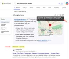 A screenshot of Bing’s AI-powered summaries showing it generates conversational, multi-source answers at the top of Bing’s results, referencing web content directly to address user intent.
