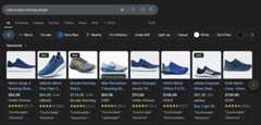 Google Shopping results showing men's blue running shoes with filters and product listings including prices and ratings