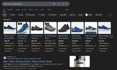 Google Shopping results showing eight men's blue running shoes with prices, ratings, and filter options in dark mode