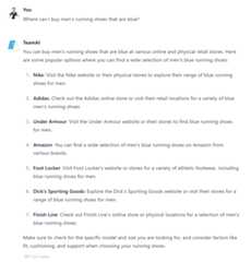 TeamAI chatbot listing seven retailers where to buy men's blue running shoes with shopping tips