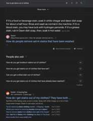 Google search results page for "how to get stains out of clothes" with featured snippet and related