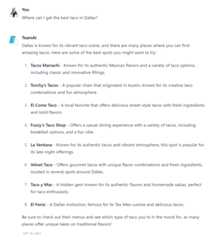 Chat conversation showing AI recommendations for top taco spots in Dallas with numbered list of eight restaurants