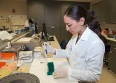 Woman in lab coat filling and preparing test tubes in laboratory