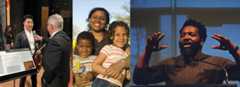 Collage of photos including a backstage interview, Baratunde Thurston, and a mother with her children