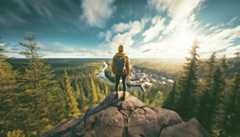 Mies katsoo metsämaisemaa kalliolta