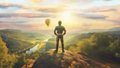 Mies katsoo mäkistä metsämaisemaa kalliolta