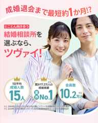 成婚退会まで最短1か月!? とことん向き合う結婚相談所を選ぶなら、ツヴァイ! 1日平均 成婚人数15人 累計17.2万人の 成婚実績 業界No.1※1 会員数10.2万人※2 ※1 1984年11月から2023年12月の間にツヴァイを成婚退会された方の累計 ※2 2024年7月末日時点のツヴァイとIBJの会員数合計