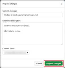 Screenshot of how to select the green Propose changes button in the Propose changes dialog.