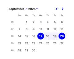 Screenshot of DayPicker displaying the September 2025 calendar, with the date range from the 17th to the 20th selected.