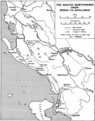 Fig. 2. Carte des itinéraires terrestres en Illyrie méridionale et en Chaonie
