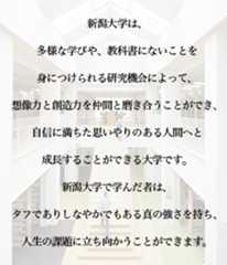 新潟大学は、多様な学びや、教科書にないことを身につけられる研究機会によって、想像力と創造力を仲間と磨き合うことができ、自信に満ちた思いやりのある人間へと成長することができる大学です。新潟大学で学んだ者は、タフでありしなやかでもある真の強さを持ち、人生の課題に立ち向かうことができます。