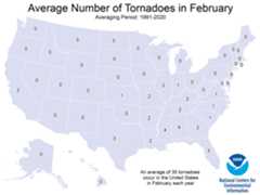 Map of the “Average Number of Tornadoes in February” during 1991–2020. The U.S. has an average of 35 tornadoes per year during February.
