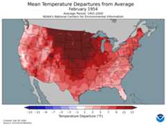 Mean Temperature Departures from Average map for February 1954.