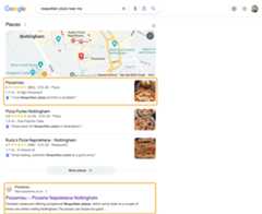 This pizzeria ranks #1 in the local pack and "blue link" results because it's nearby, exactly what I was searching for, and has a great reputation