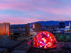 Aerial view of the Las Vegas Strip, highlighting the Sphere.