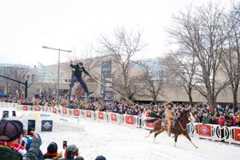 A crowd of people on both sides of a city street that is covered with snow and has a ski jump made from snow. In the center is a skier in the air after going off the jump being towed by a horse in traditional ski-joring.