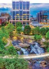 Falls Park on the Reedy looks stunning in the evening twilight in downtown Greenville, SC.