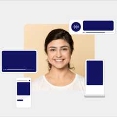 Illustration of a personalized digital advertising experience, featuring a smiling woman surrounded by various media formats including video, audio, and mobile ads
