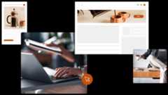 A digital collage featuring online shopping for a French press coffee maker, a person using a laptop, and someone enjoying coffee, representing eCommerce and digital lifestyle experiences.