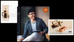 A digital collage featuring a smiling man using a tablet, alongside online product listings and a video showcasing a French press coffee maker, representing eCommerce and digital engagement.