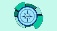 A stylized compass graphic with the letters "MMM" in the center, surrounded by segmented circular design elements in varying shades of blue and green.