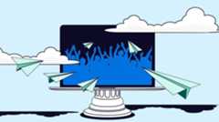 Blue graphic of people cheering on a computer screen, in the clouds with paper airplanes going towards it
