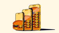 Illustration of three smartphones in increasing sizes, each filled with stacked cheeseburgers, symbolizing growth or abundance.