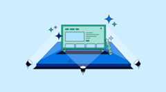 Illustration of a digital TV interface on a pedestal under spotlights, surrounded by sparkles, with a remote control leaning against the screen.