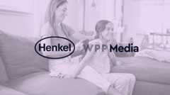 Purple graphic of a woman braiding a child's hair with Henkel and WPP Media logos in the center