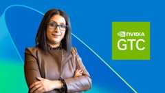 Woman standing next to the NVIDIA GTC logo