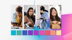 People in business settings. Variety of color swatches below the images.