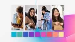 People in business settings. Variety of color swatches below the images.