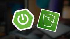 Image is a featured image for the article about Spring Boot S3Template integration and consist of the Spring Boot logo in the foreground with AWS S3 logo and a blurred photo of a laptop in the background.