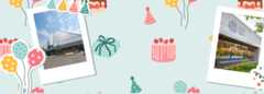 Festive graphic with a light blue background decorated with illustrated balloons, cakes, presents, and party hats. Two Polaroid-style photos are featured — one on the left showing the exterior of a modern library building, and one on the right showing ano