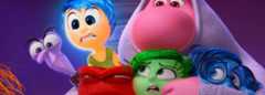 Animated characters from the movie Inside Out huddle together looking worried and scared. Joy, with glowing blue hair, is in the center, surrounded by Fear, Anger, Disgust, Sadness, and Bing Bong.
