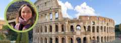 A large photo of the Colosseum in Rome with a smaller circular inset image of a smiling person wearing glasses and a scarf, standing inside the Colosseum.