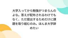 大学入ってから勉強がつまらんのよな。答えが配布されるわけでもなく、ただ提出するためだけに課題を取り組むのみ。ほんま大学辞めたい