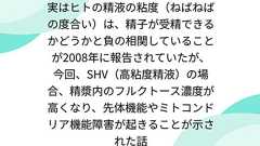 実はヒトの精液の粘度(ねばねばの度合い)は、精子が受精できるかどうかと負の相関していることが2008年に報告されていたが、今回、SHV(高粘度精液)の場合、精漿内のフルクトース濃度が高くなり、先体機能やミトコンドリア機能障害が起きることが示された話