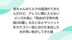 赤ちゃんのミルクの話流れてきたんだけど、アレコレ頭に入らないメンズの為に「死ぬぜ!子供の死因100選!」みたいなヒヤリハットをカテゴリー別に分けた本出した方が早い気がしてきた話