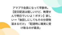 アマプラ会員になって早数年。【翌日配送は嬉しいけど、無理せんで明日でいいよ!ボタン】欲しい→「後回しにしてもその分荷物溜まるだけ」「配達時に確実に受け取るのが最良」