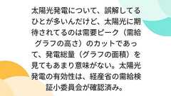 太陽光発電について、誤解してるひとが多いんだけど、太陽光に期待されてるのは需要ピーク(需給グラフの高さ)のカットであって、発電総量(グラフの面積)を見てもあまり意味がない。太陽光発電の有効性は、経産省の需給検証小委員会が確認済み。