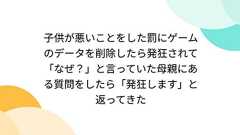 子供が悪いことをした罰にゲームのデータを削除したら発狂されて「なぜ?」と言っていた母親にある質問をしたら「発狂します」と返ってきた