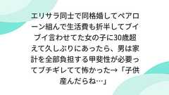 エリサラ同士で同格婚してペアローン組んで生活費も折半してブイブイ言わせてた女の子に30歳超えて久しぶりにあったら、男は家計を全部負担する甲斐性が必要ってブチギレてて怖かった→「子供産んだらね…」