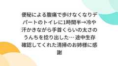 便秘による腹痛で歩けなくなりデパートのトイレに1時間半→冷や汗かきながら手首くらいの太さのうんちを捻り出した… 途中生存確認してくれた清掃のお姉様に感謝