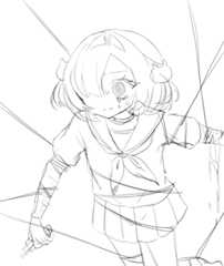 視線恐怖をテーマにした女の子の絵。女の子が視線恐怖と戦っている。