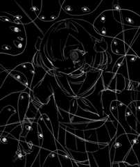 視線恐怖をテーマにした女の子の絵。女の子が視線恐怖と戦っている。