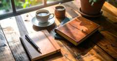 木のテーブルに置かれた革表紙のノートとペン、コーヒーカップ。光の中で静かな書く時間を楽しむシーン。
